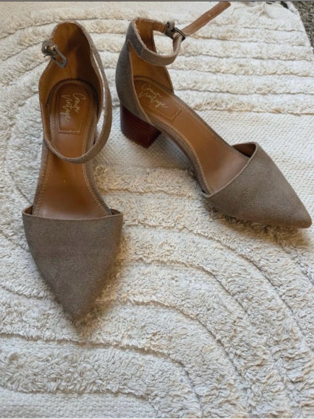 Crown Vintage Taupe Pointed-Toe Ankle-Strap Block Heels
